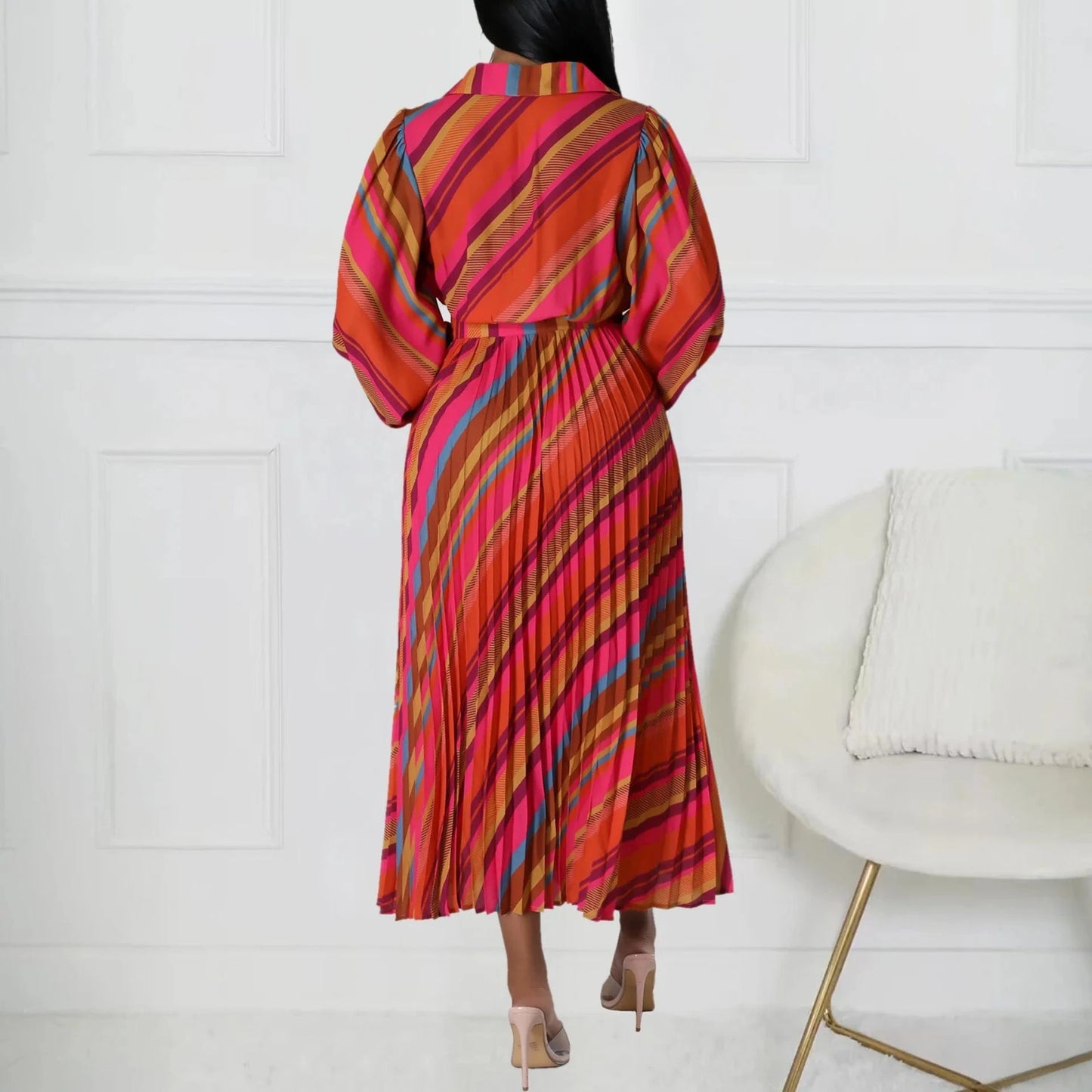 Elegant Office Dresses for Women Striped Printed V Neck Full Sleeve High Waisted Pleated Mid Calf Professional Work Dress Midi