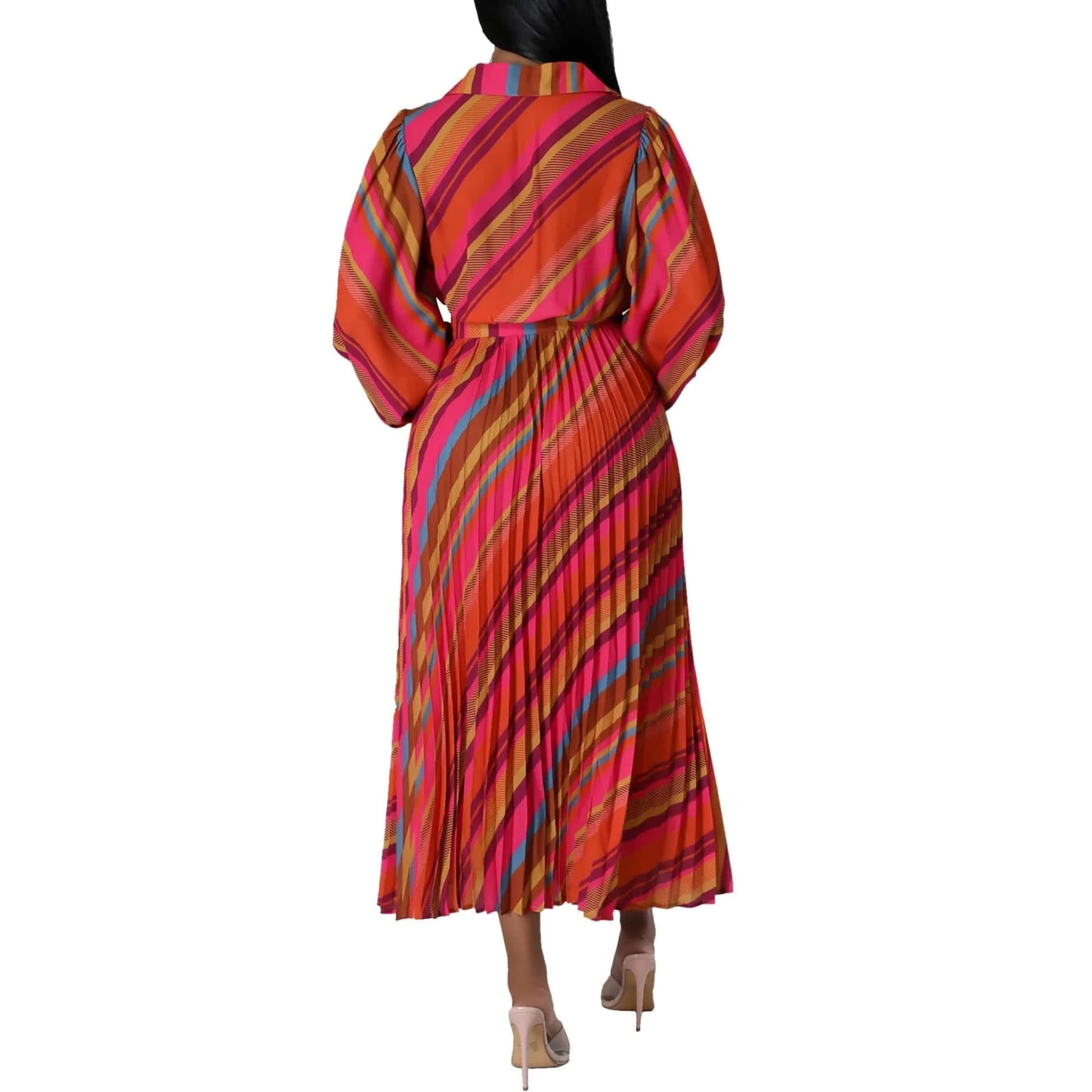 Elegant Office Dresses for Women Striped Printed V Neck Full Sleeve High Waisted Pleated Mid Calf Professional Work Dress Midi