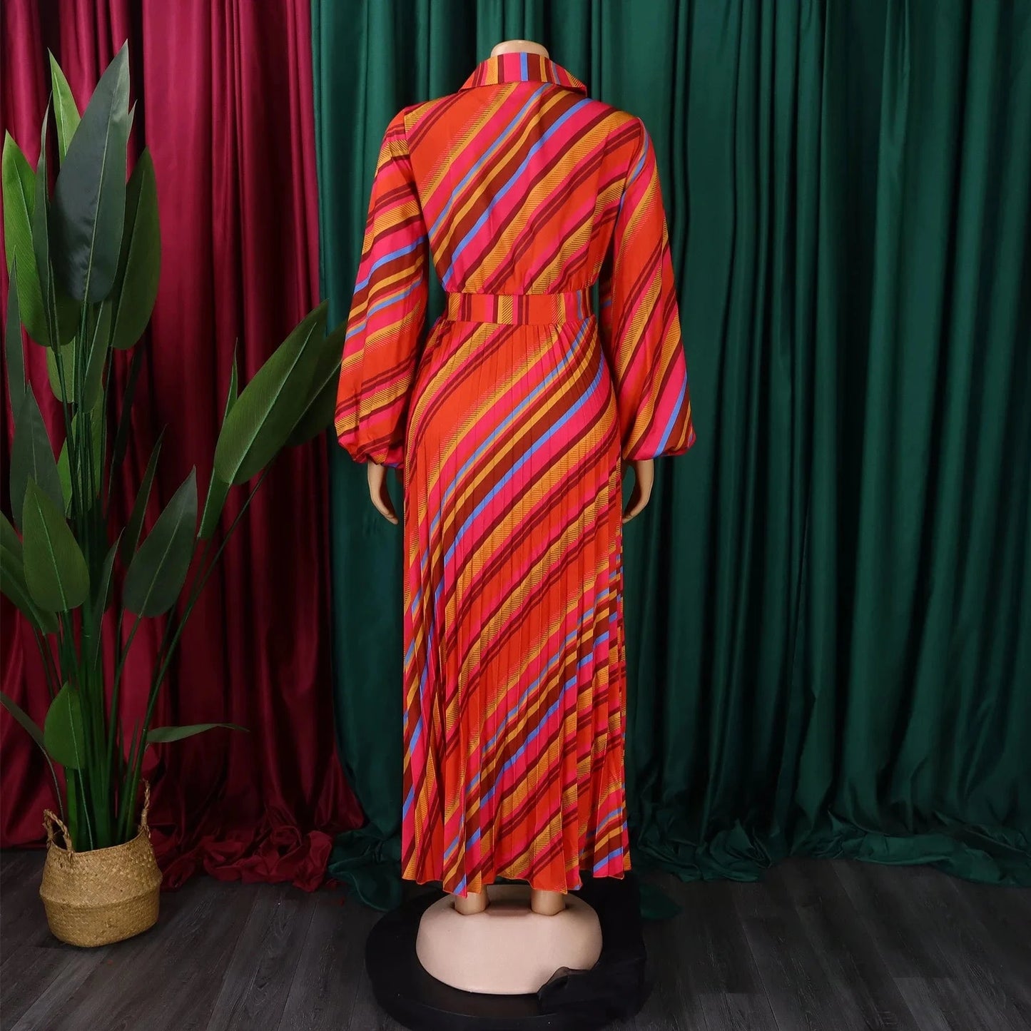 Elegant Office Dresses for Women Striped Printed V Neck Full Sleeve High Waisted Pleated Mid Calf Professional Work Dress Midi