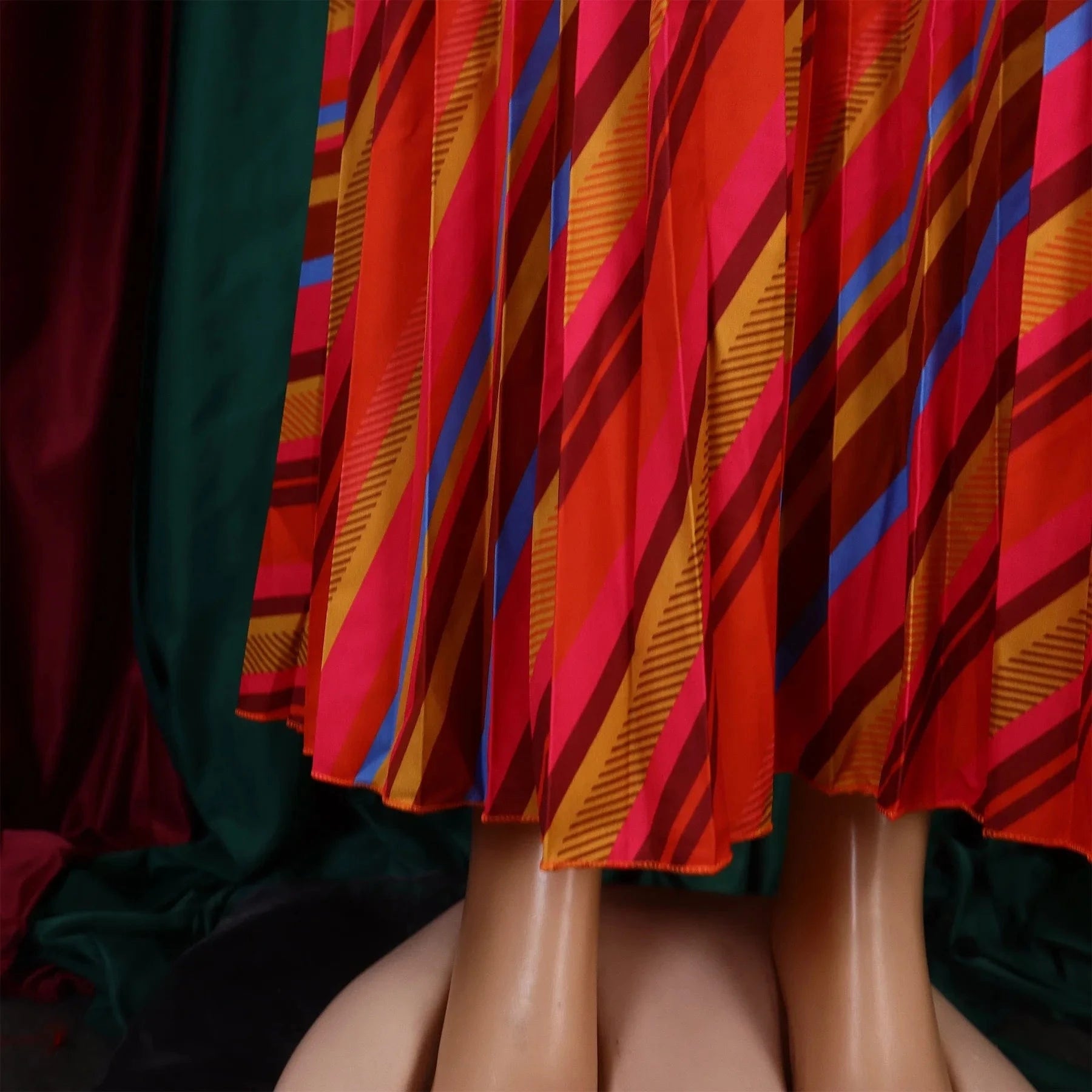 Elegant Office Dresses for Women Striped Printed V Neck Full Sleeve High Waisted Pleated Mid Calf Professional Work Dress Midi