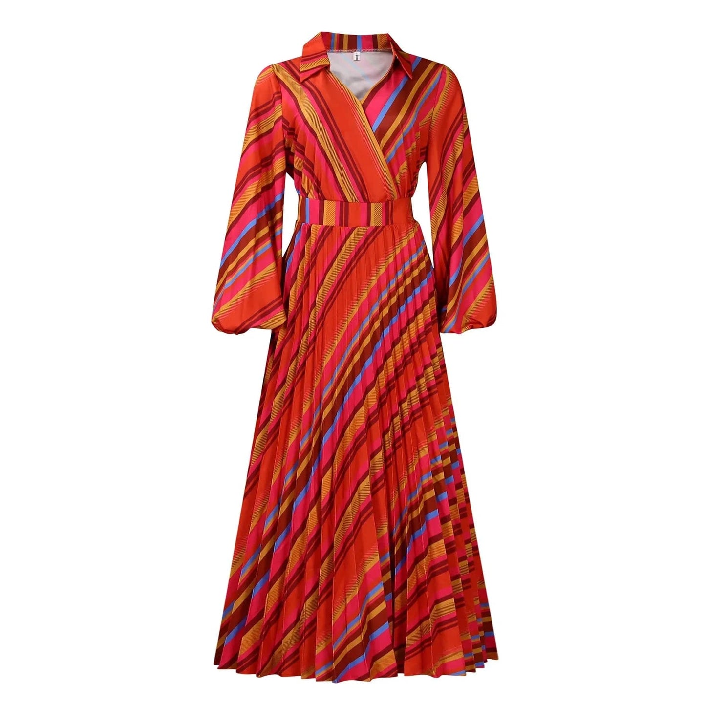 Elegant Office Dresses for Women Striped Printed V Neck Full Sleeve High Waisted Pleated Mid Calf Professional Work Dress Midi