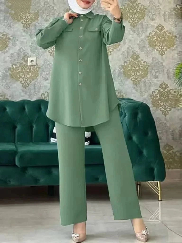 Elegant Pant Sets Muslim Arab Full Sleeve Shirts & Wide Leg Pants Fashion Women Matching Sets Turkish Blouse Urban Tracksuits
