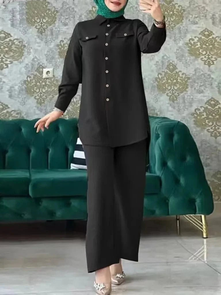 Elegant Pant Sets Muslim Arab Full Sleeve Shirts & Wide Leg Pants Fashion Women Matching Sets Turkish Blouse Urban Tracksuits