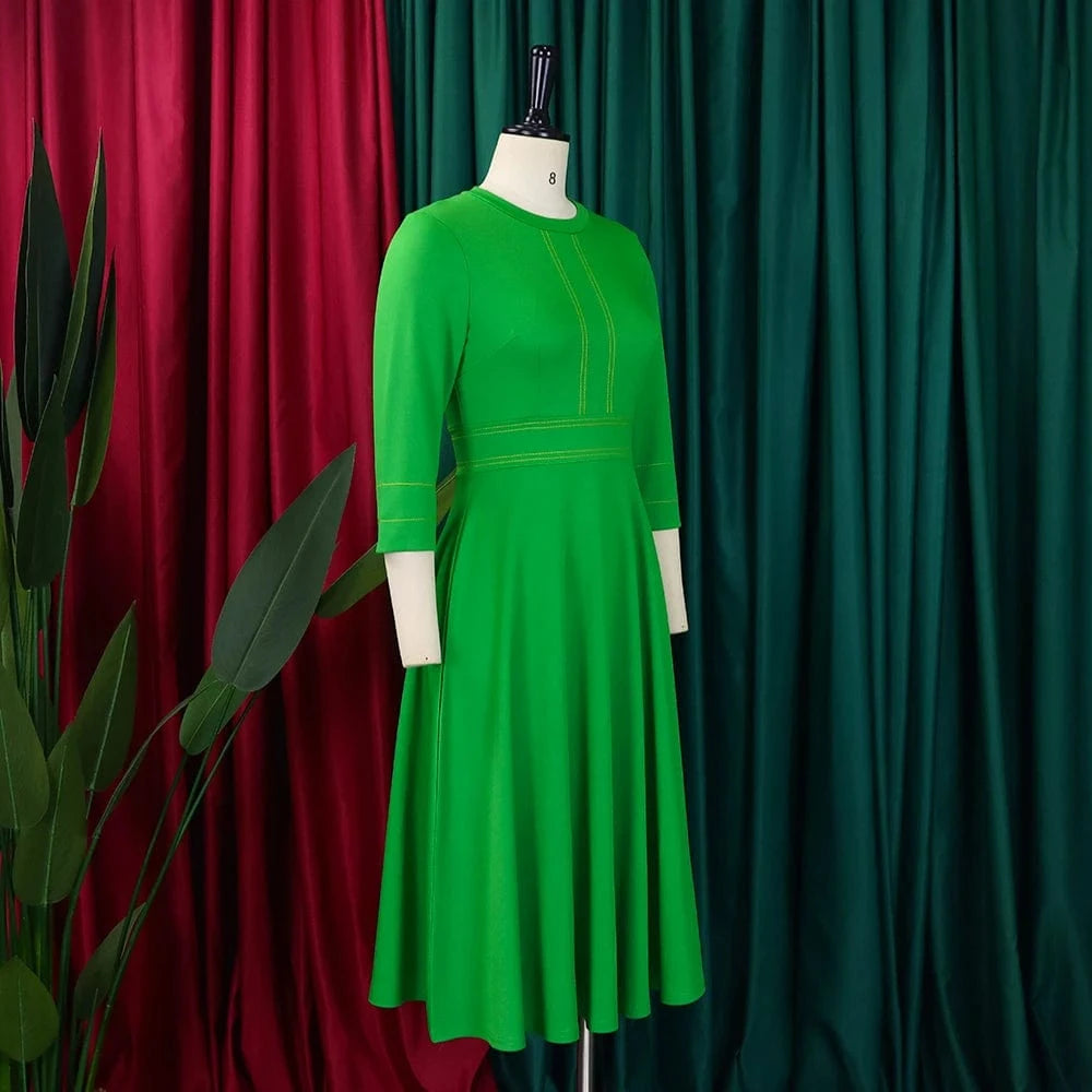 Elegant Party Dresses for Women 2024 Luxury O Neck Three Quarter Sleeve High Waisted Pleated A Line Mid Calf Birthday Dress Robe