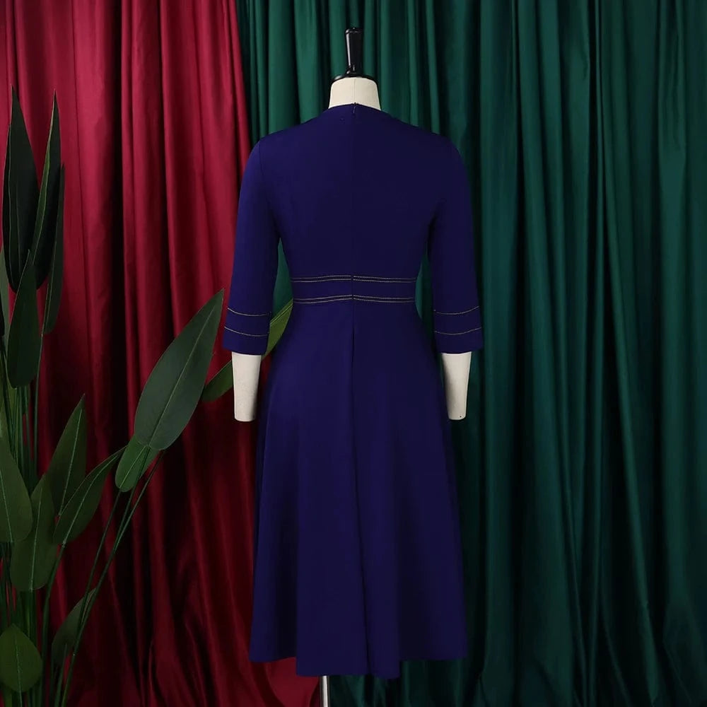 Elegant Party Dresses for Women 2024 Luxury O Neck Three Quarter Sleeve High Waisted Pleated A Line Mid Calf Birthday Dress Robe