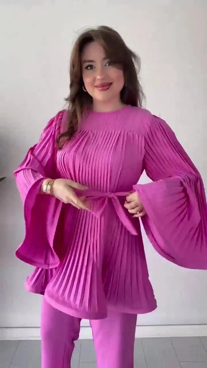 Elegant Pleated Top Two Piece Set Women Loose Long Batwing Sleeve Big Swing Wide Leg Pants Sets Female Suit 2024 Sping Lady Suit