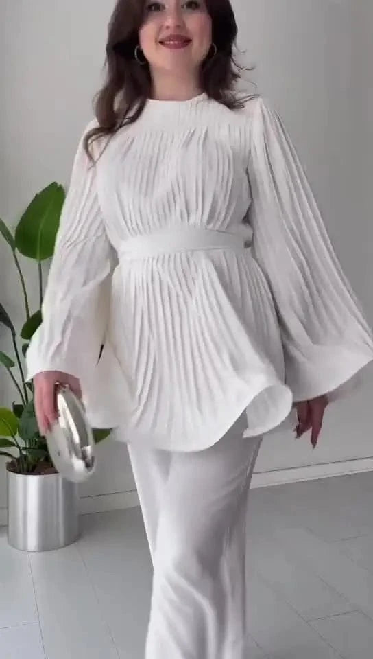 Elegant Pleated Top Two Piece Set Women Loose Long Batwing Sleeve Big Swing Wide Leg Pants Sets Female Suit 2024 Sping Lady Suit