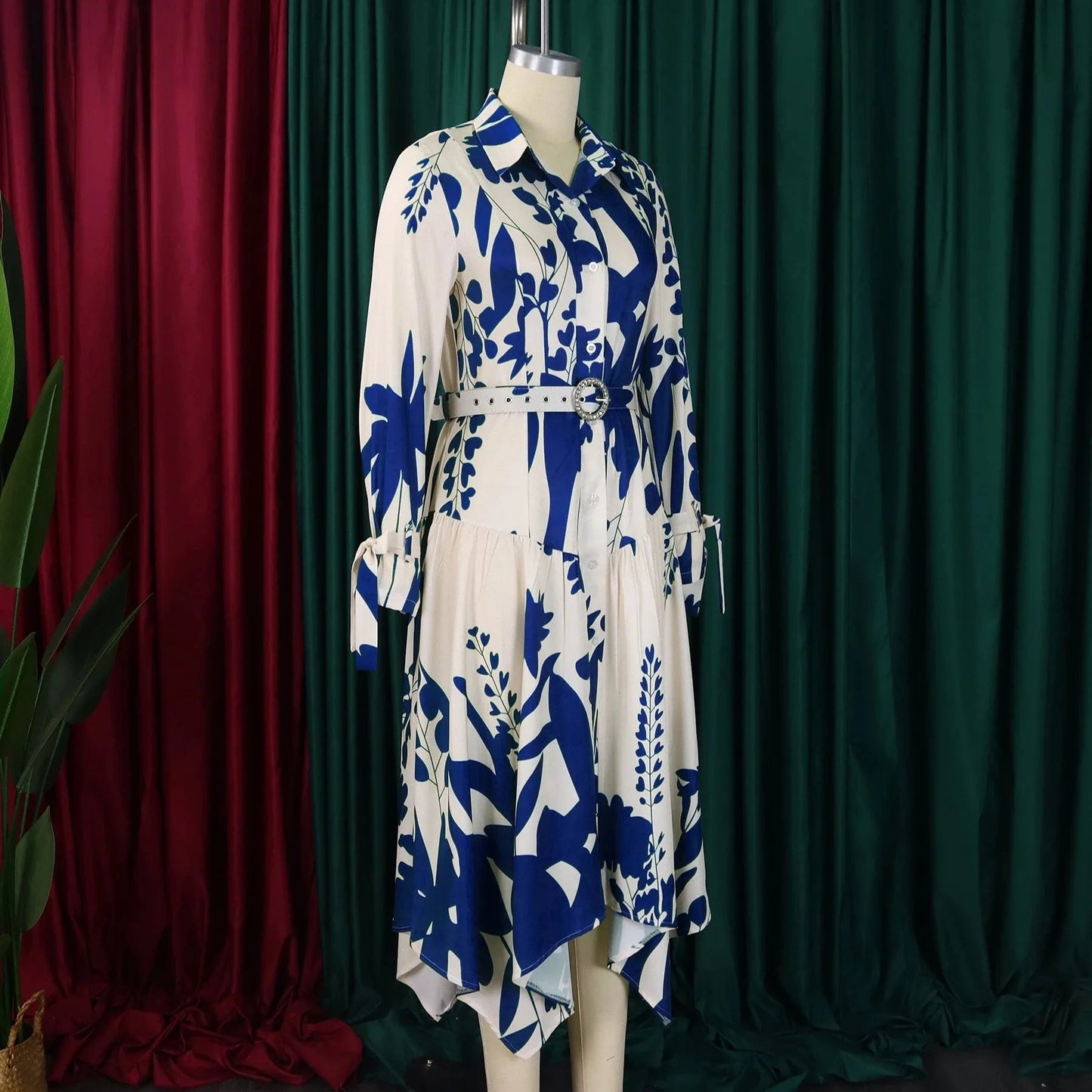 Elegant Printed Dresses Woman 2024 Turn Down Collar Single Breasted Full Sleeve Asymmetric Ankle Length Fashion Birthday Dress