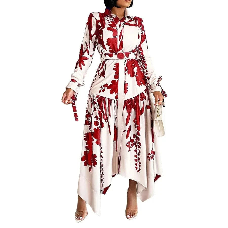 Elegant Printed Dresses Woman 2024 Turn Down Collar Single Breasted Full Sleeve Asymmetric Ankle Length Fashion Birthday Dress