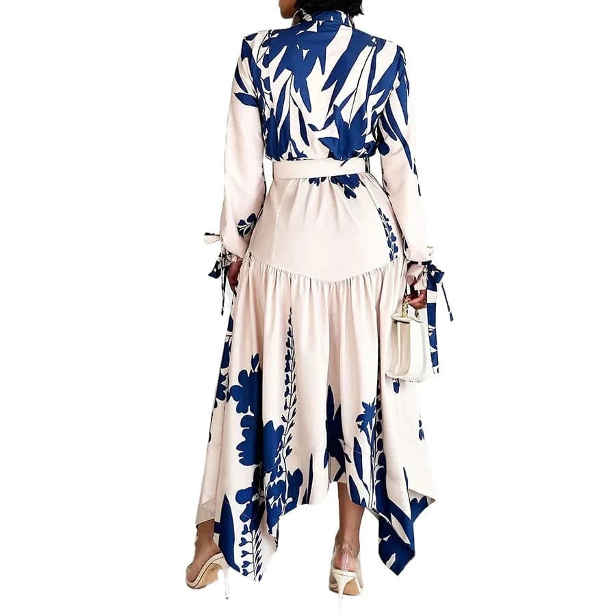 Elegant Printed Dresses Woman 2024 Turn Down Collar Single Breasted Full Sleeve Asymmetric Ankle Length Fashion Birthday Dress
