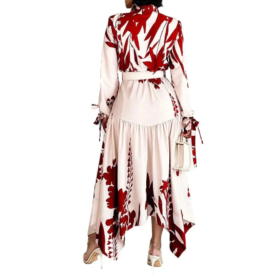 Elegant Printed Dresses Woman 2024 Turn Down Collar Single Breasted Full Sleeve Asymmetric Ankle Length Fashion Birthday Dress