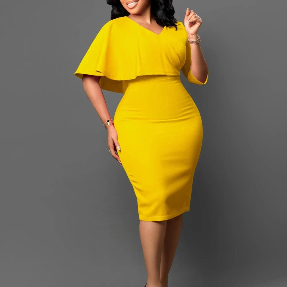 Elegant Ruffle V-Neck Pencil Dress Solid Color Knee-Length Office & Church Wear