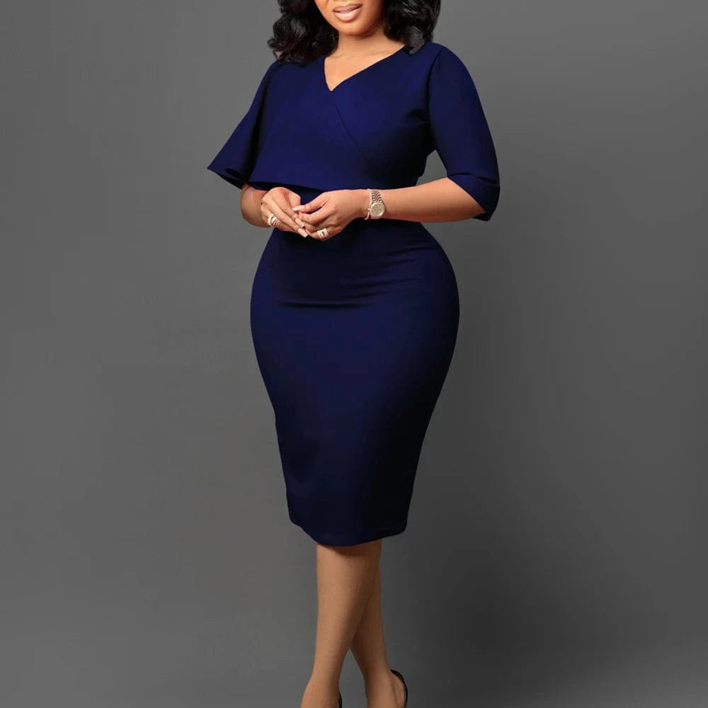 Elegant Ruffle V-Neck Pencil Dress Solid Color Knee-Length Office & Church Wear