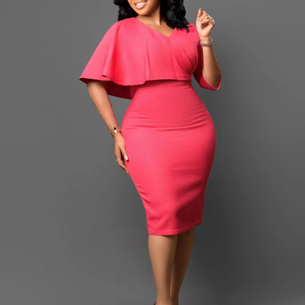 Elegant Ruffle V-Neck Pencil Dress Solid Color Knee-Length Office & Church Wear