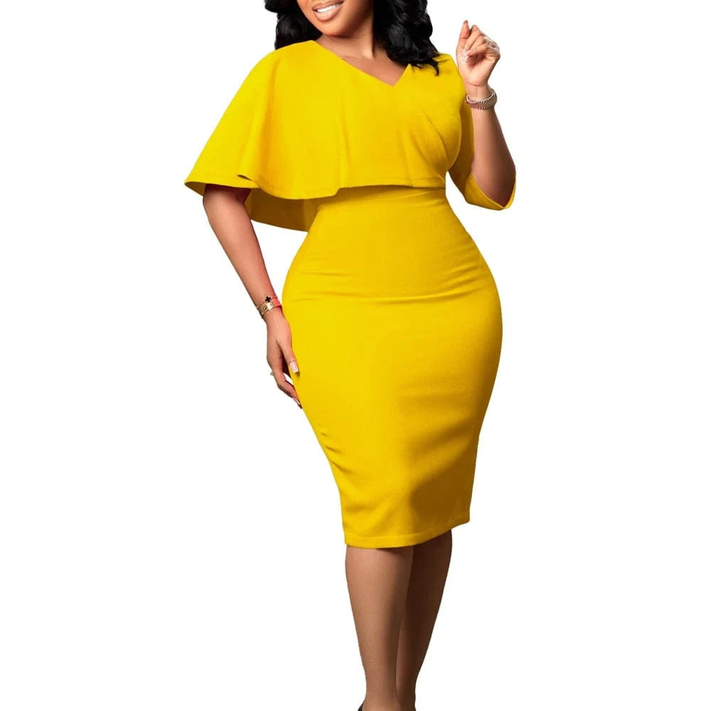 Elegant Ruffle V-Neck Pencil Dress Solid Color Knee-Length Office & Church Wear