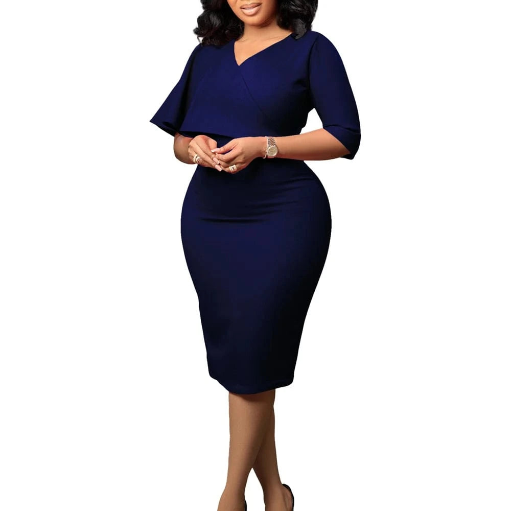 Elegant Ruffle V-Neck Pencil Dress Solid Color Knee-Length Office & Church Wear