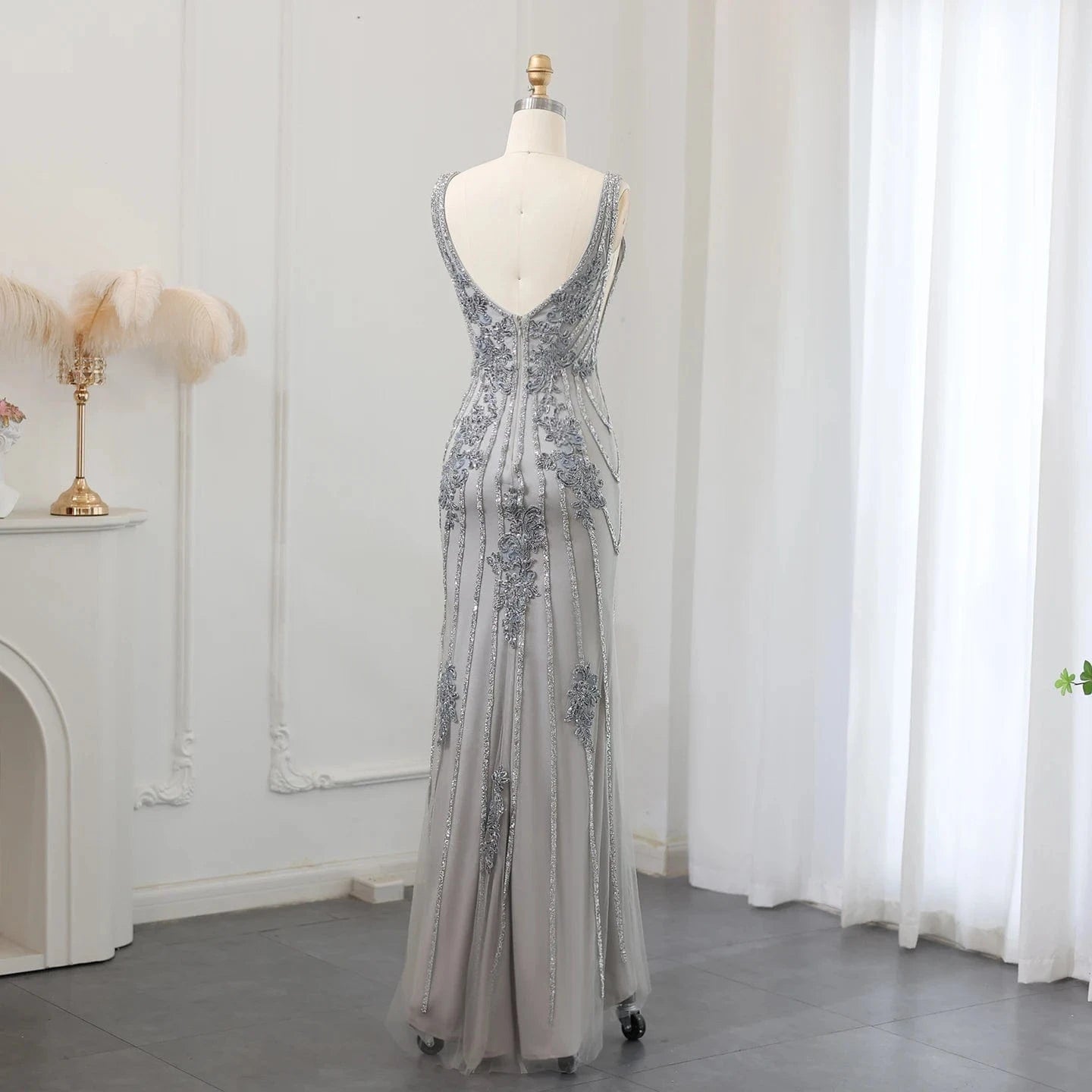 Elegant Silver Gray V-Neck Mermaid Evening Dress For Women Wedding 2024 Sexy Open Back Formal Party Gowns Sz188-2