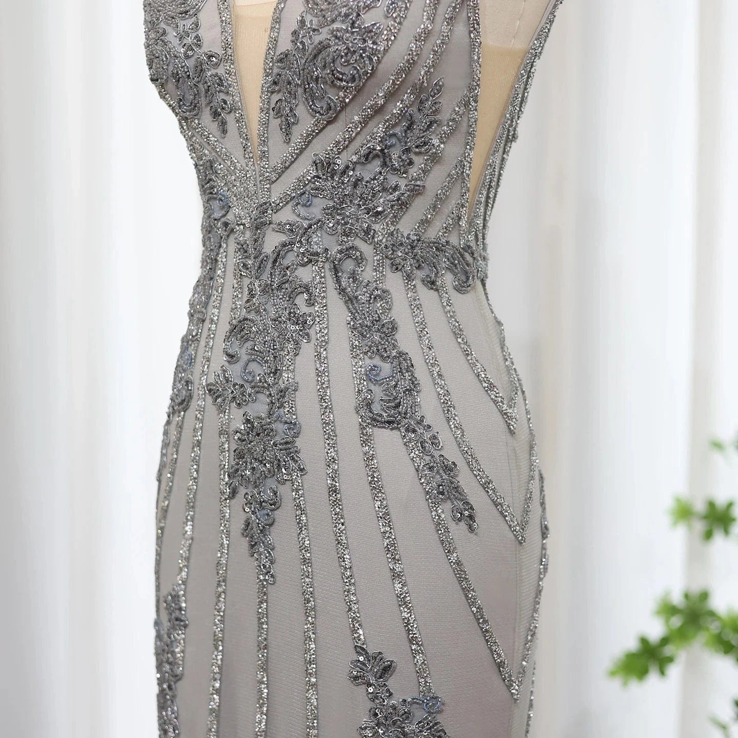 Elegant Silver Gray V-Neck Mermaid Evening Dress For Women Wedding 2024 Sexy Open Back Formal Party Gowns Sz188-2