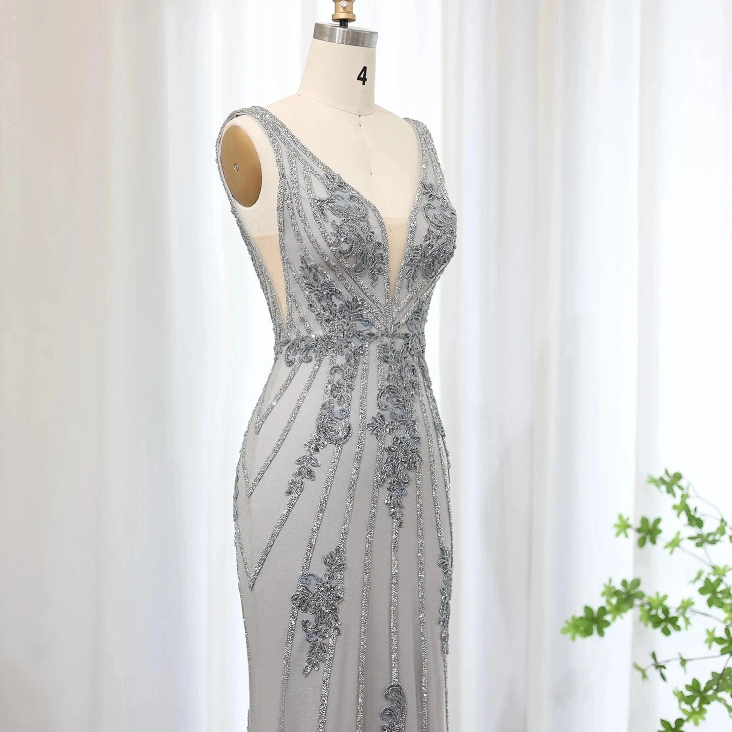 Elegant Silver Gray V-Neck Mermaid Evening Dress For Women Wedding 2024 Sexy Open Back Formal Party Gowns Sz188-2