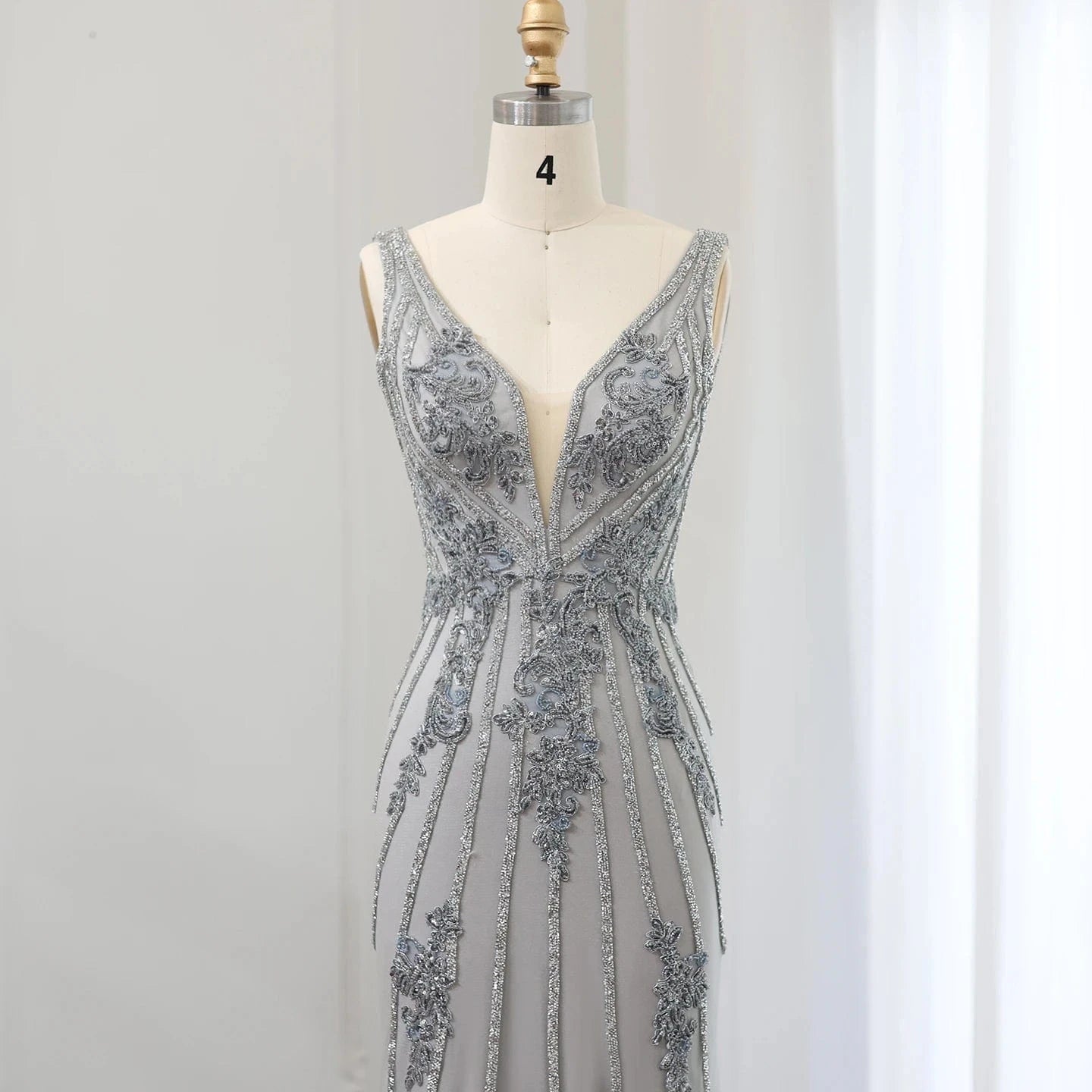 Elegant Silver Gray V-Neck Mermaid Evening Dress For Women Wedding 2024 Sexy Open Back Formal Party Gowns Sz188-2