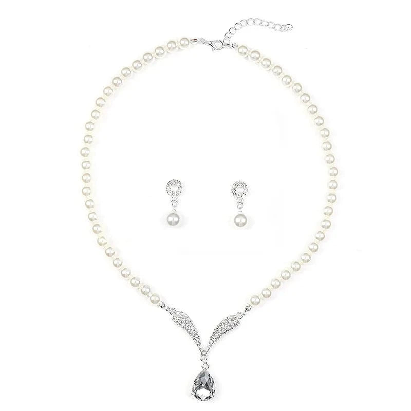 Elegant Simulated-Pearl Bridal Jewelry Sets Rhinestone Pearl Drop NECKLACE+EARRINGS Wedding Jewelry Sets for Women Gifts