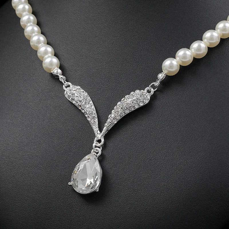 Elegant Simulated-Pearl Bridal Jewelry Sets Rhinestone Pearl Drop NECKLACE+EARRINGS Wedding Jewelry Sets for Women Gifts