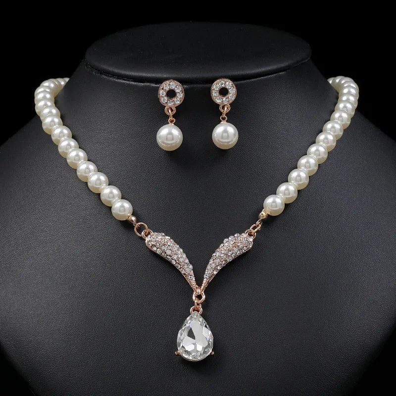 Elegant Simulated-Pearl Bridal Jewelry Sets Rhinestone Pearl Drop NECKLACE+EARRINGS Wedding Jewelry Sets for Women Gifts