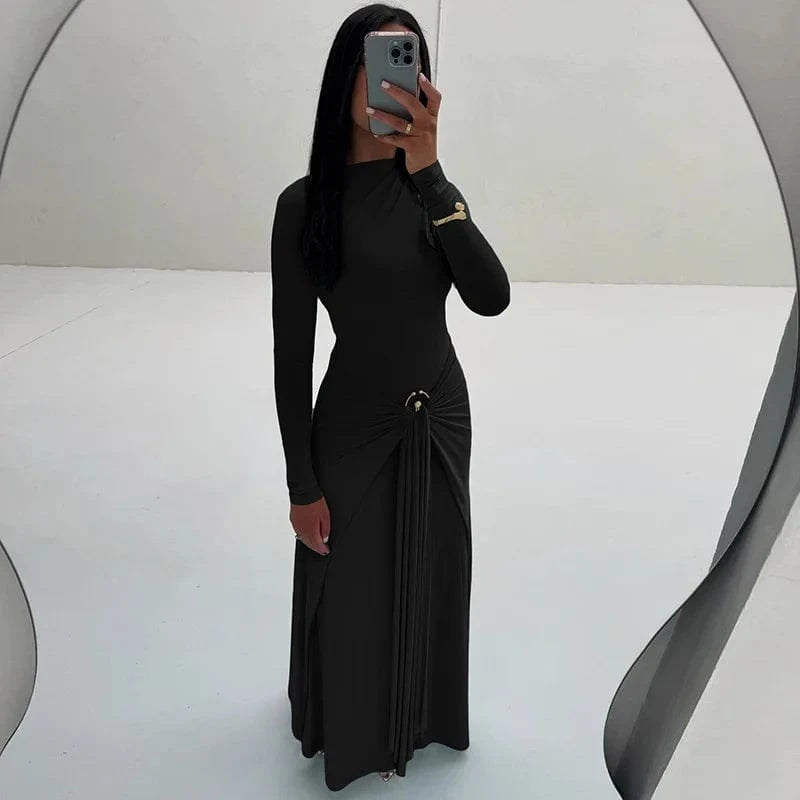 Elegant Solid Buckle Bandage Slim Maxi Dress for Women Autumn Long Sleeve Bodycon Holidays Party Dress Lady Casual Dress