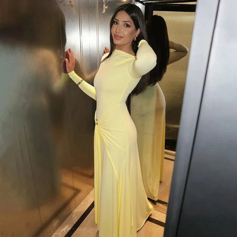 Elegant Solid Buckle Bandage Slim Maxi Dress for Women Autumn Long Sleeve Bodycon Holidays Party Dress Lady Casual Dress