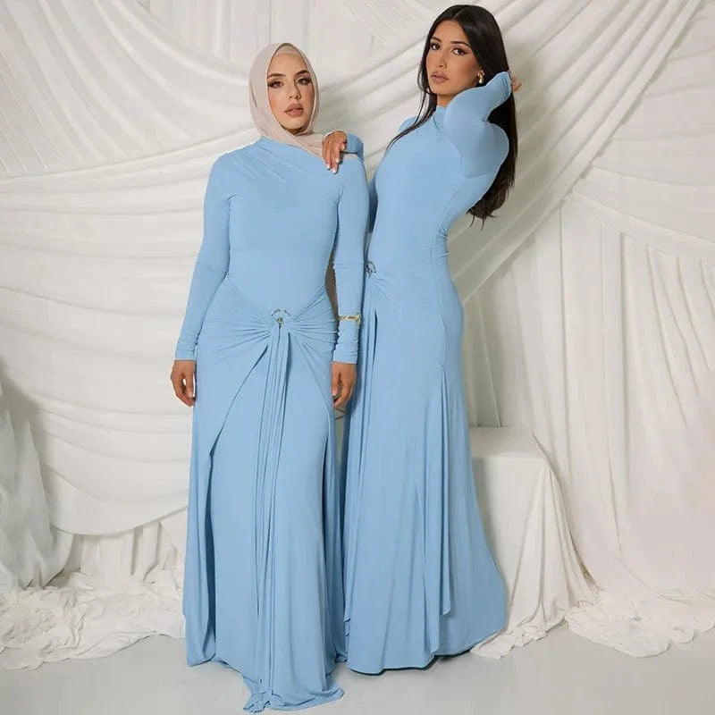 Elegant Solid Buckle Bandage Slim Maxi Dress for Women Autumn Long Sleeve Bodycon Holidays Party Dress Lady Casual Dress