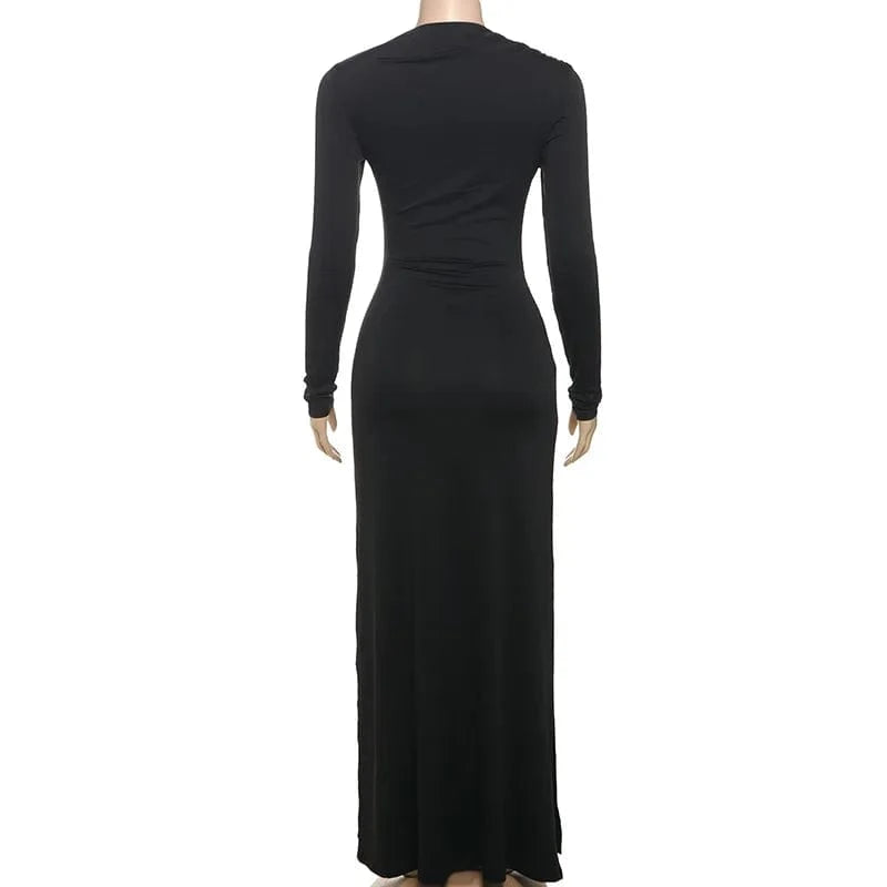 Elegant Solid Buckle Bandage Slim Maxi Dress for Women Autumn Long Sleeve Bodycon Holidays Party Dress Lady Casual Dress