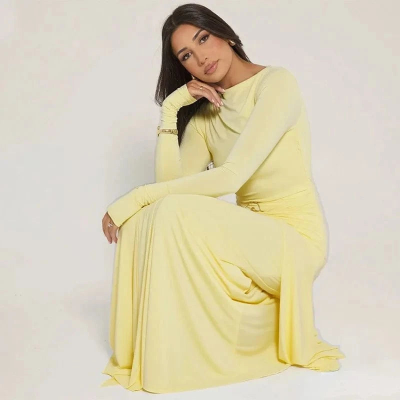 Elegant Solid Buckle Bandage Slim Maxi Dress for Women Autumn Long Sleeve Bodycon Holidays Party Dress Lady Casual Dress