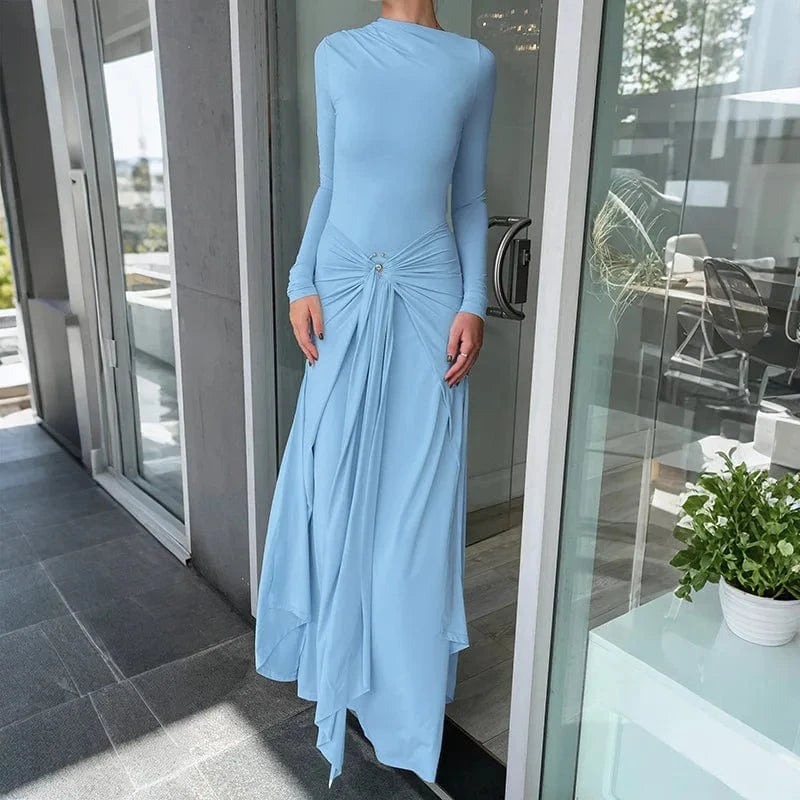 Elegant Solid Buckle Bandage Slim Maxi Dress for Women Autumn Long Sleeve Bodycon Holidays Party Dress Lady Casual Dress