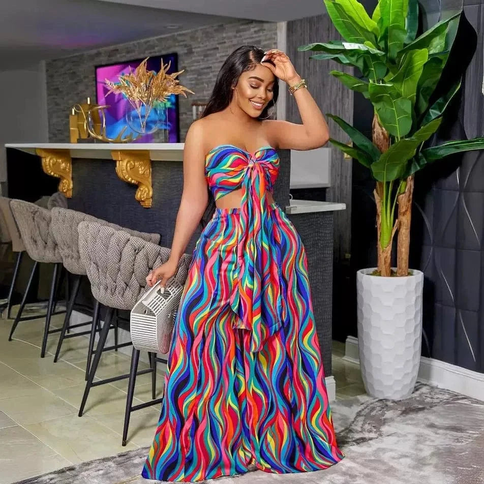 Elegant Striped Women Two 2 Piece Set Outfits Sweatsuit 2024 Summer Bow Crop Top and Loose Dress Pants Matching Set