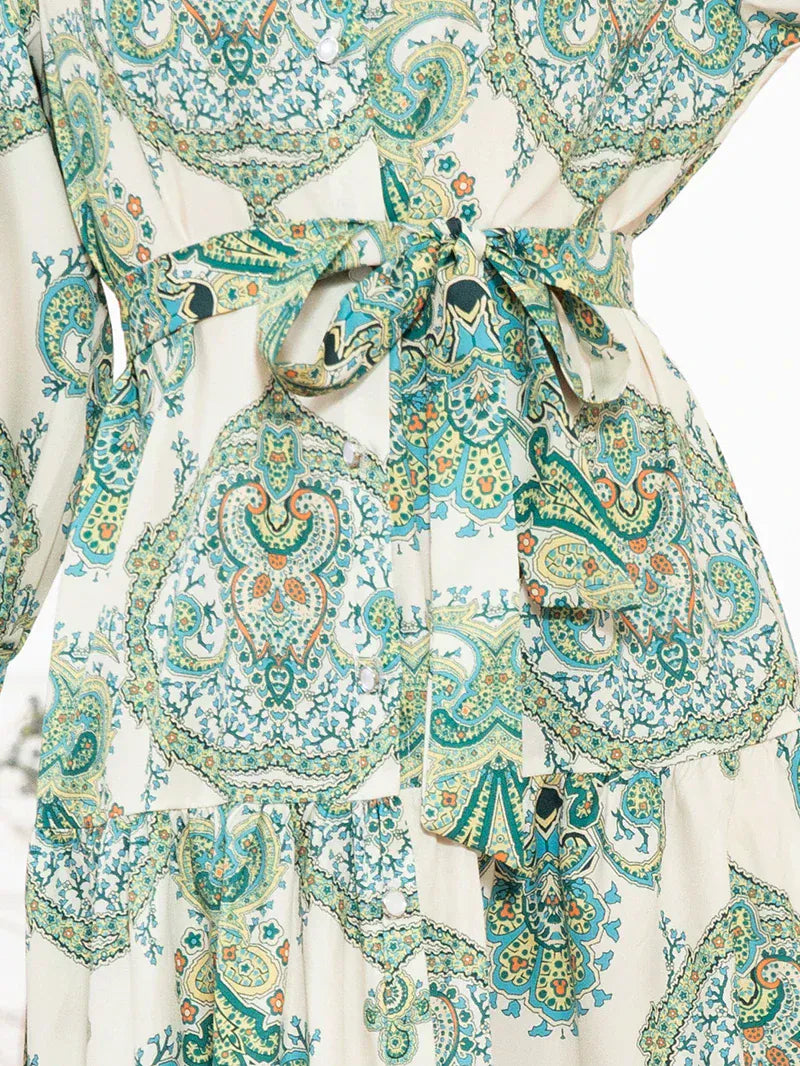 Elegant style High collar Flowers Belt Shirt sleeve Mid Long Dresses Mint green Dresses