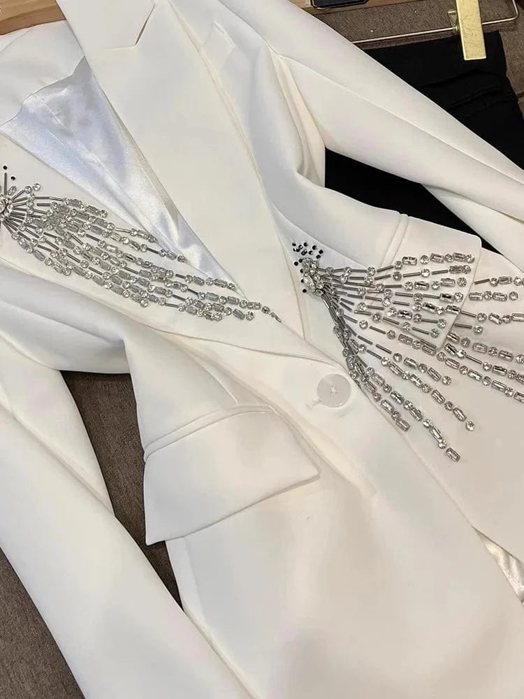Elegant Style Lady Fine Workmanship Rhinestone Beading Office Wear Single Buttons Long Sleeve Women White Blazer
