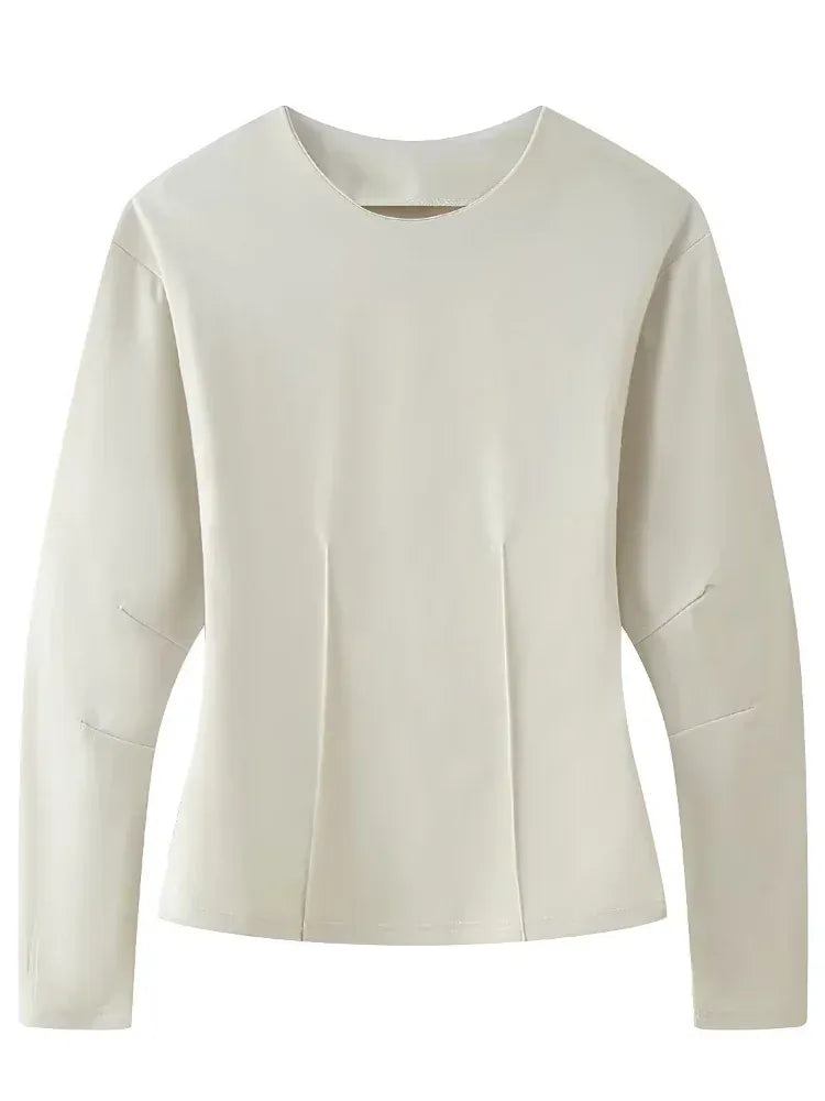 Elegant Women Casual Solid Pants Suits Round Neck Full Sleeve Shirt Wise Leg Straight Pant Suit Lady New Basic 2 Pieces Set 2025