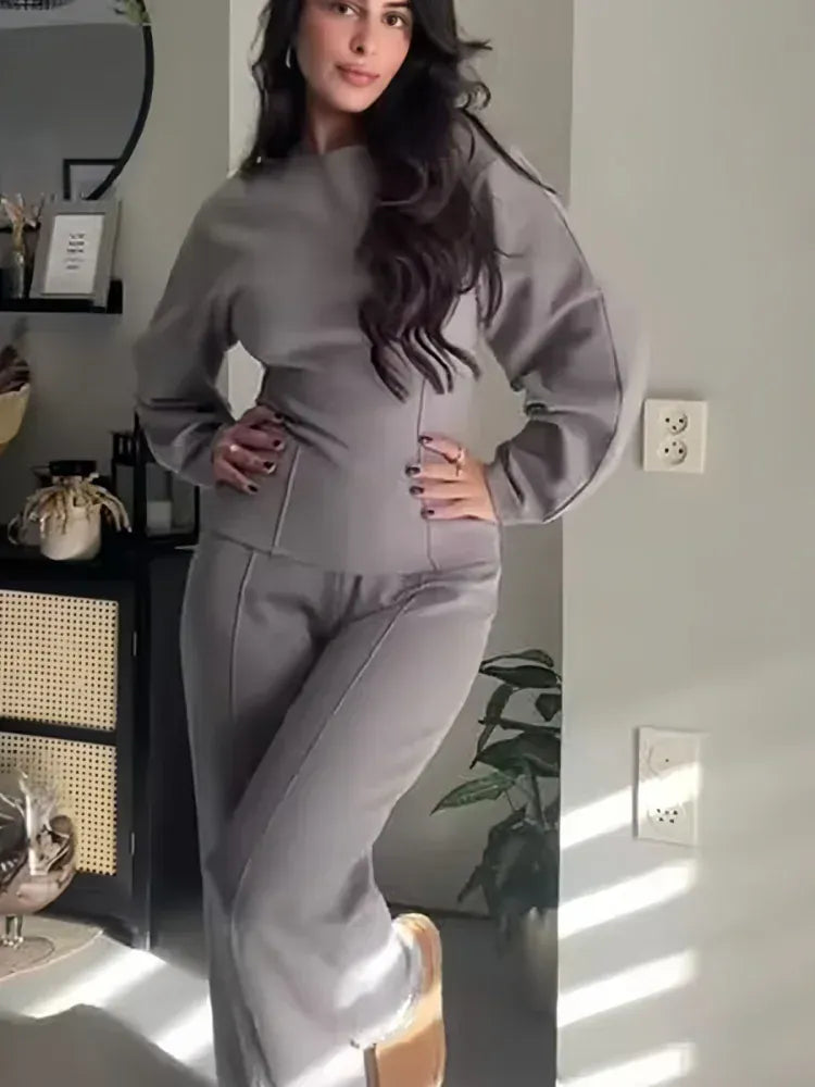 Elegant Women Casual Solid Pants Suits Round Neck Full Sleeve Shirt Wise Leg Straight Pant Suit Lady New Basic 2 Pieces Set 2025