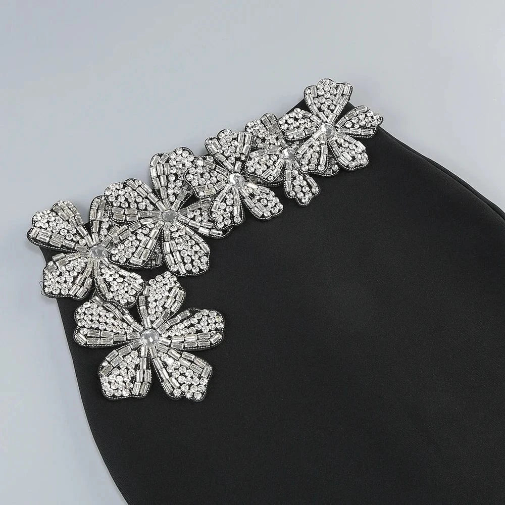 Elegant Women's Black Strapless Crop Top Rhinestone Floral Skirt Two-piece Gown Ideal for Party Fashionable Glamorous Choice