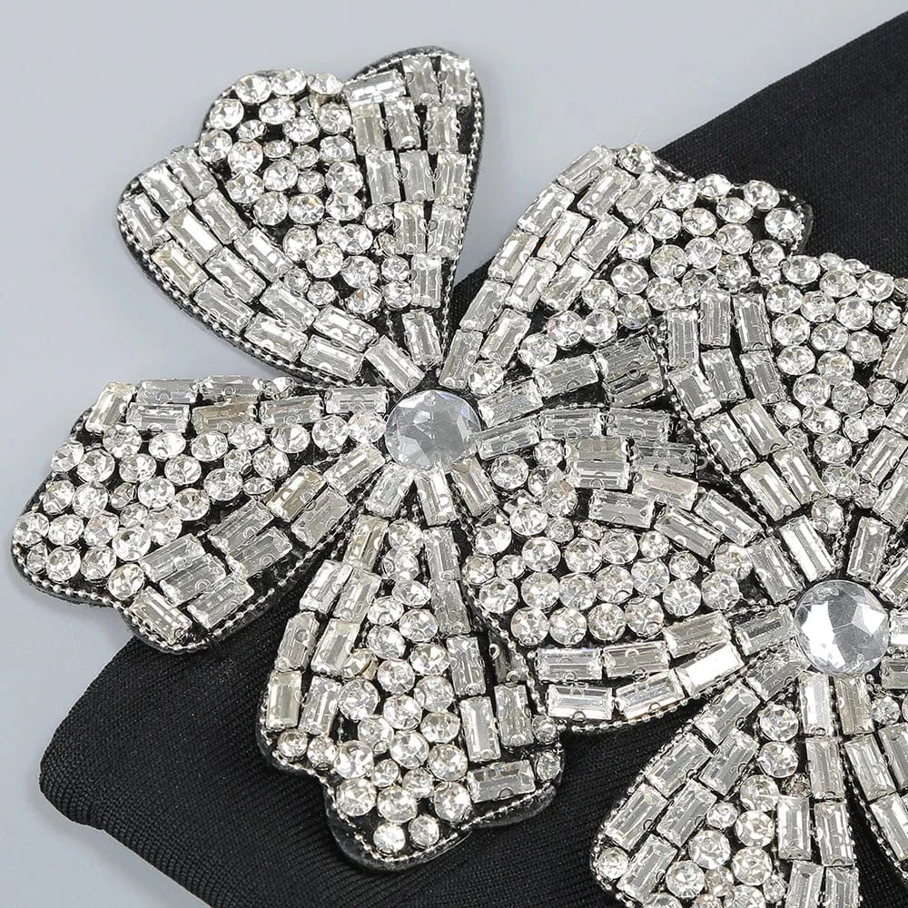 Elegant Women's Black Strapless Crop Top Rhinestone Floral Skirt Two-piece Gown Ideal for Party Fashionable Glamorous Choice