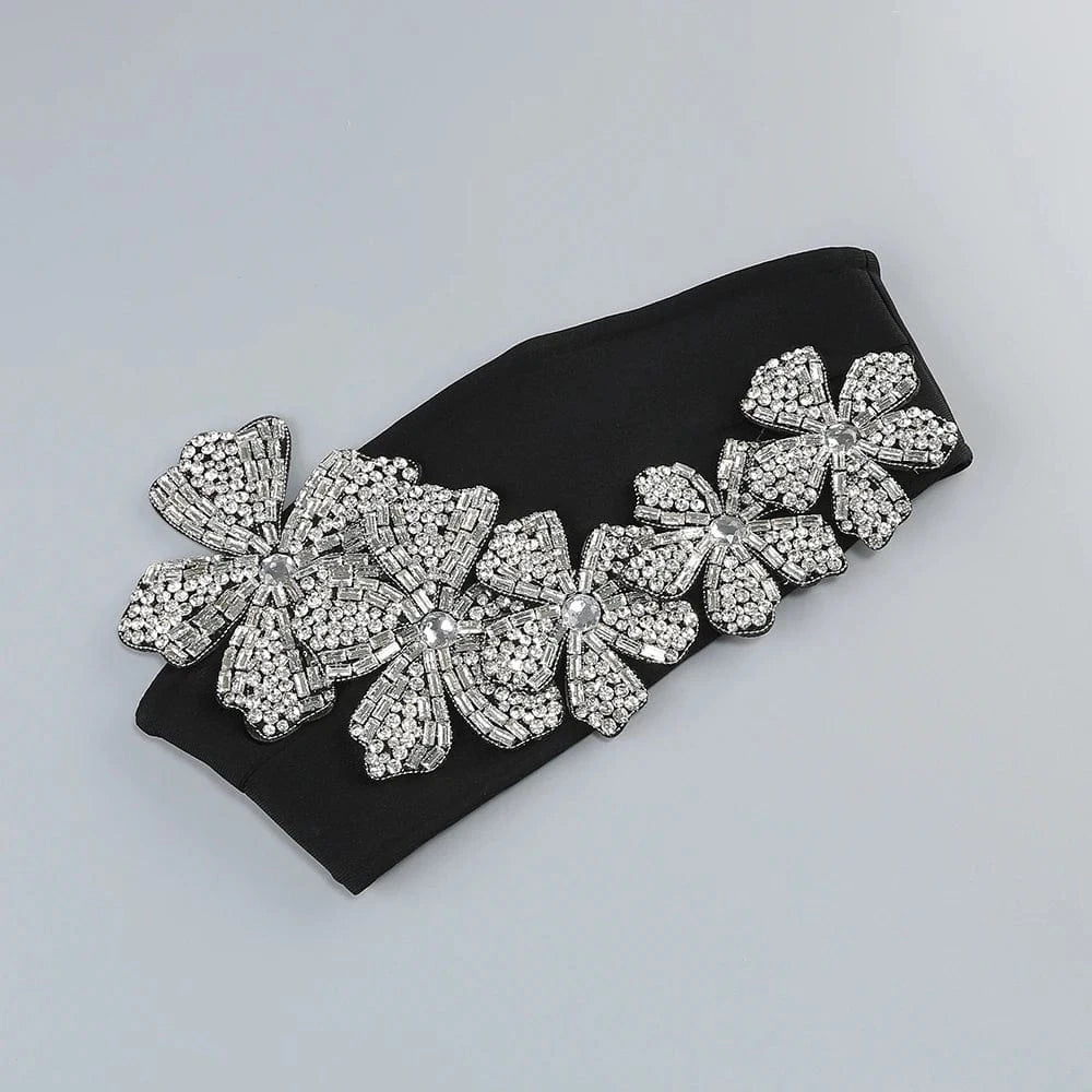 Elegant Women's Black Strapless Crop Top Rhinestone Floral Skirt Two-piece Gown Ideal for Party Fashionable Glamorous Choice