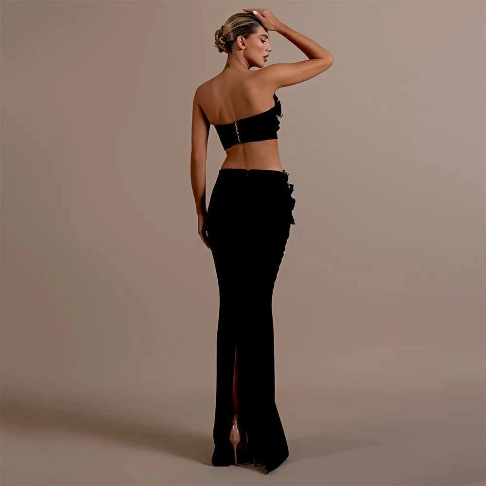 Elegant Women's Black Strapless Crop Top Rhinestone Floral Skirt Two-piece Gown Ideal for Party Fashionable Glamorous Choice