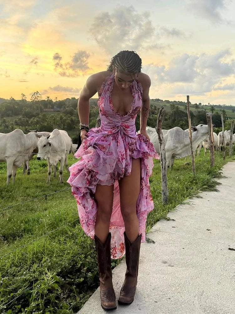 Elegant Women's Halter Floral Print Maxi Dress High Slit Flowy Summer Party Wear Fashionable Ruched Bodice Deep V-Neck Design