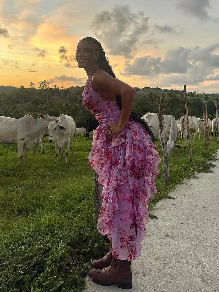 Elegant Women's Halter Floral Print Maxi Dress High Slit Flowy Summer Party Wear Fashionable Ruched Bodice Deep V-Neck Design