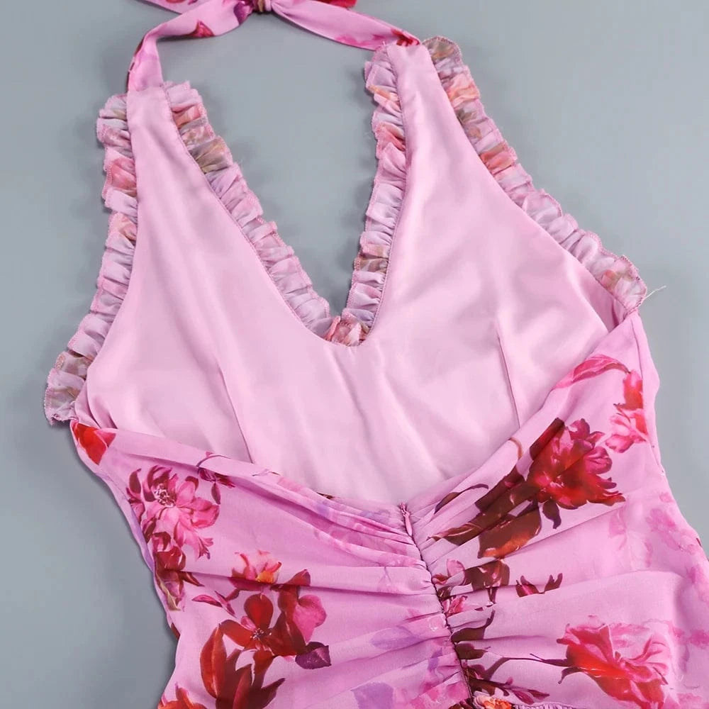 Elegant Women's Halter Floral Print Maxi Dress High Slit Flowy Summer Party Wear Fashionable Ruched Bodice Deep V-Neck Design