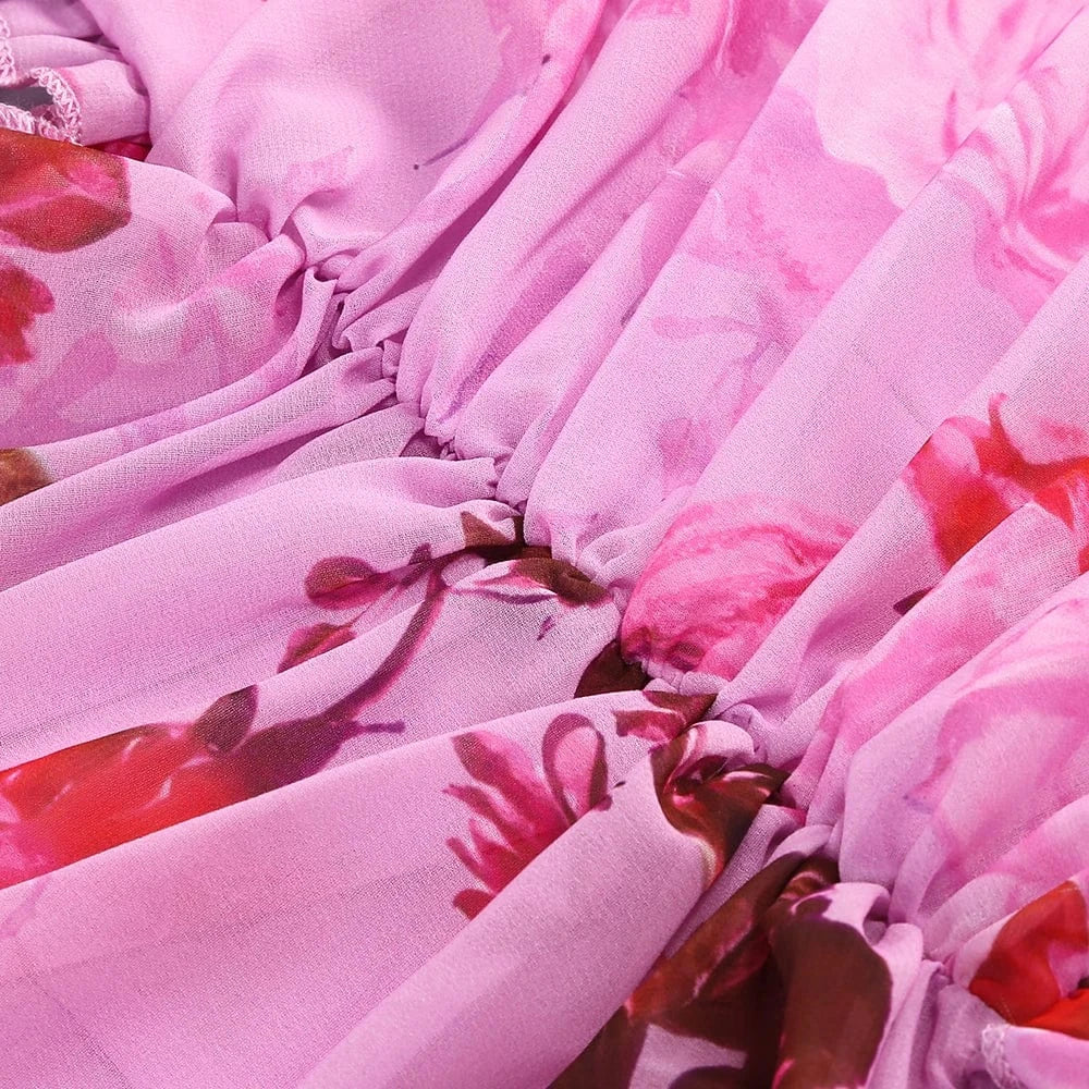 Elegant Women's Halter Floral Print Maxi Dress High Slit Flowy Summer Party Wear Fashionable Ruched Bodice Deep V-Neck Design