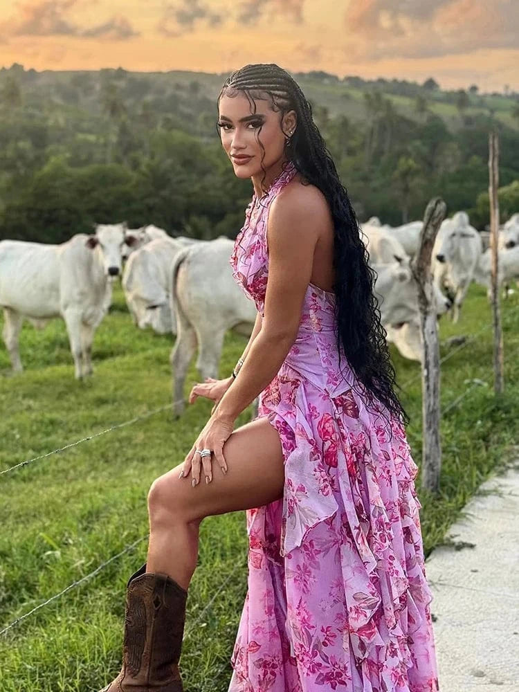 Elegant Women's Halter Floral Print Maxi Dress High Slit Flowy Summer Party Wear Fashionable Ruched Bodice Deep V-Neck Design