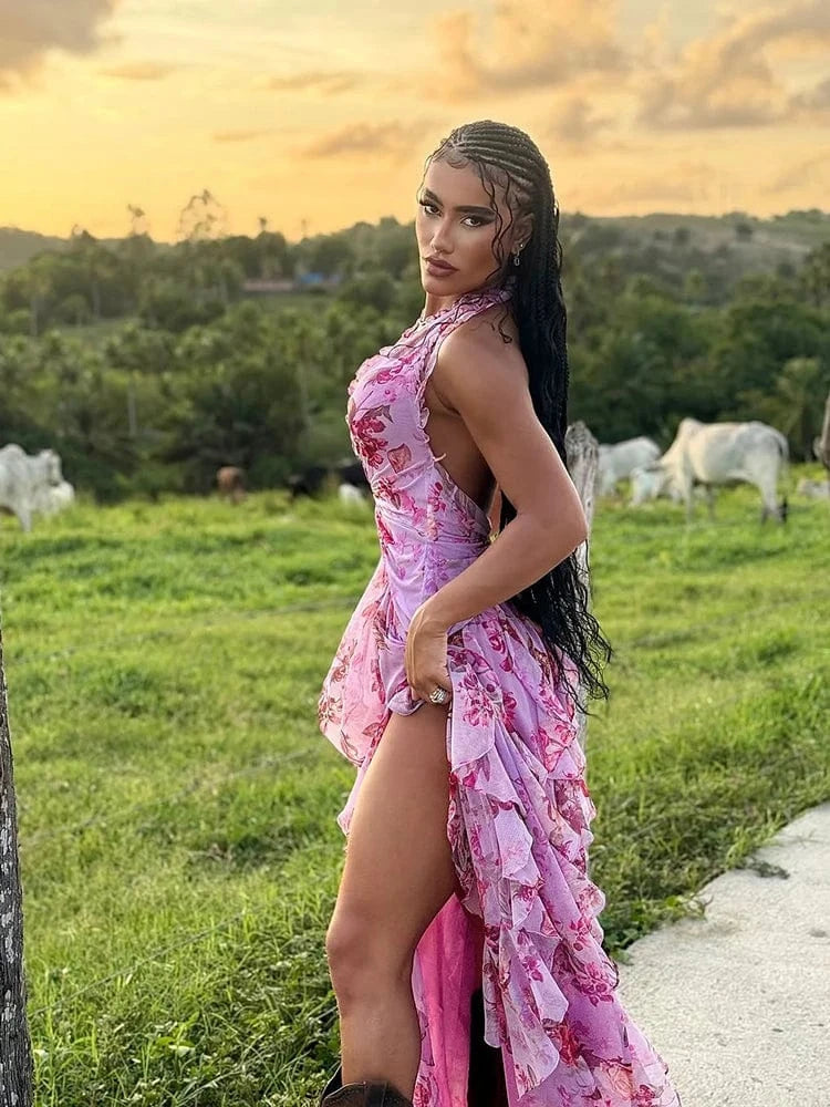 Elegant Women's Halter Floral Print Maxi Dress High Slit Flowy Summer Party Wear Fashionable Ruched Bodice Deep V-Neck Design