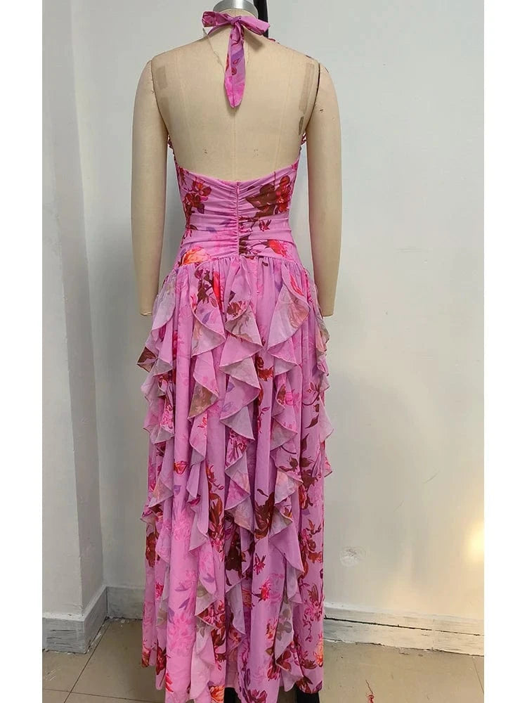 Elegant Women's Halter Floral Print Maxi Dress High Slit Flowy Summer Party Wear Fashionable Ruched Bodice Deep V-Neck Design