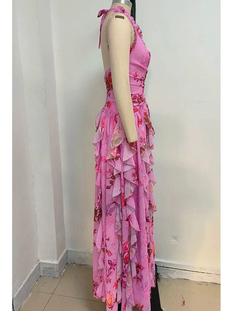 Elegant Women's Halter Floral Print Maxi Dress High Slit Flowy Summer Party Wear Fashionable Ruched Bodice Deep V-Neck Design